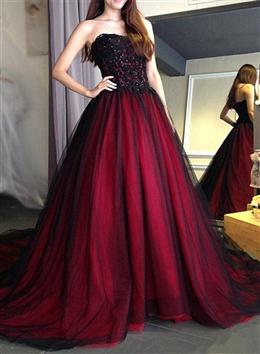 Picture of Black Color and Red Color Beaded Lace Tulle Long Evening Dresses Formal Dresses, Long Wedding Party Dress